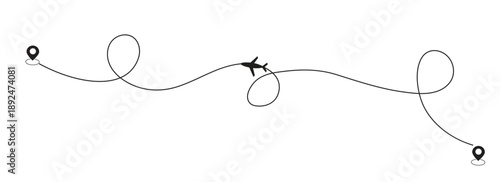 Airplane routes line set. Airplane flight path travel line and location pin. Vector illustration.