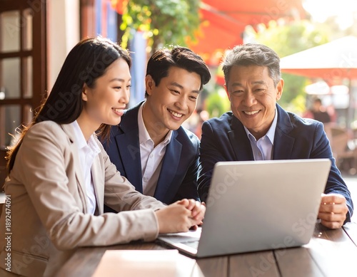 Three colleagues smiling while looking at a laptop