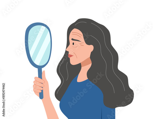Woman look in the mirror and worry about wrinkles on her face in flat design. Aging skin problem.