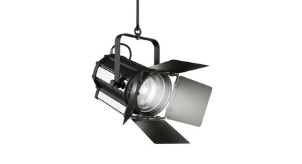 Studio Fresnel spotlight PNG isolated on transparent background, professional stage lighting equipment for film and photography, theatrical light
