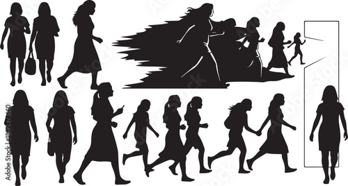 Silhouettes of women and children walking in various poses