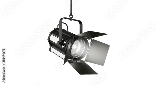 Studio Fresnel spotlight PNG isolated on transparent background, professional stage lighting equipment for film and photography, theatrical light
