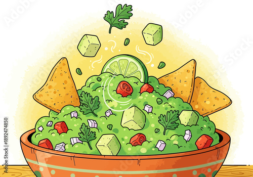 Guacamole with tortilla chips and vegetables.