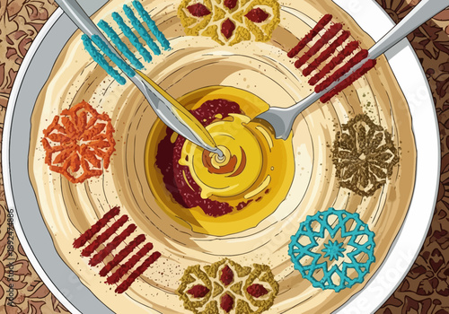 Hummus with colorful flower designs plate.