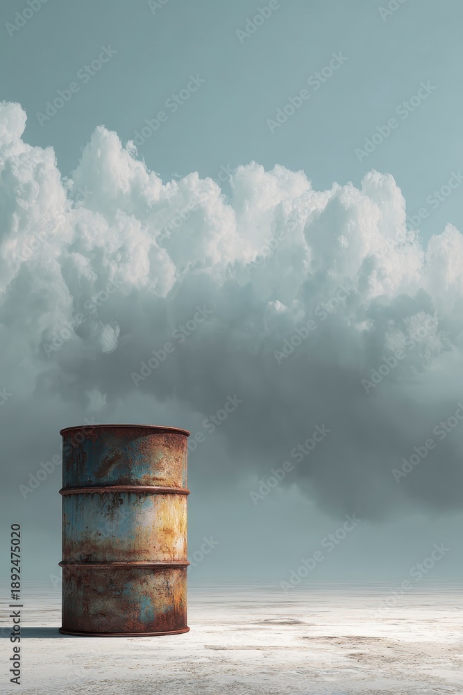Obraz premium Rusty Drum Under Dramatic Blue Sky and Clouds