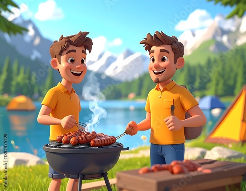 Two boys grilling sausages by a serene lake with mountains