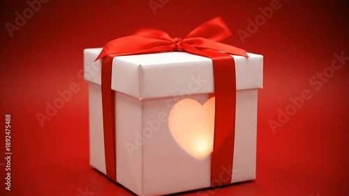 White gift box with a red bow and a heart shape on a red background
