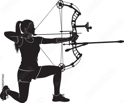 Silhouette of a kneeling archer aiming a compound bow, showcasing precision, strength, and technique for sports, hunting, tactical, or outdoor-themed editorial use.