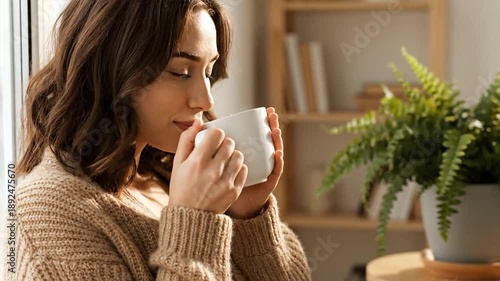 Woman enjoying a cup of coffee near window with natural light