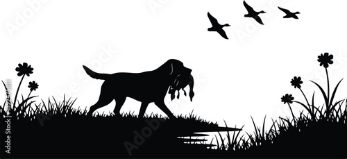 A hunting dog retrieving a duck while other birds fly over a serene natural landscape isolated on transparent background