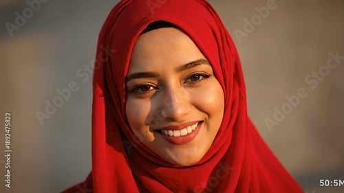 Woman smiling wearing red hijab portrait with sunlight