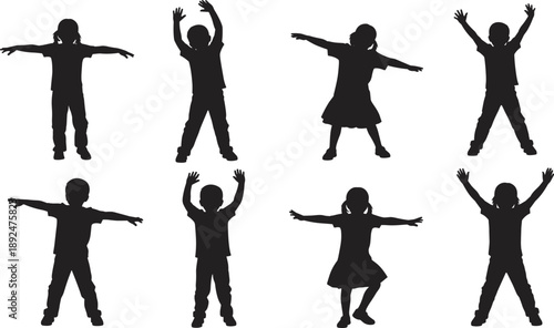 Silhouettes of eight children demonstrating diverse arm positions, ideal for physical education, movement instruction, dance routines, or exercise-themed editorial and educational use.