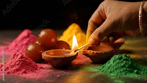 Woman lights a candle near colorful powder and food dark background