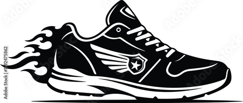 Speedy running shoe with flame trail and wing emblem, symbolizing quick movement and athletic performance isolated on transparent background
