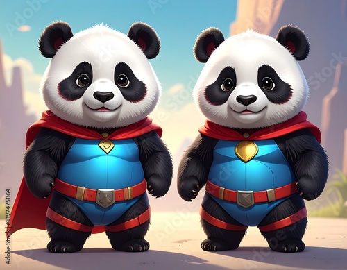 Two cartoon pandas wearing superhero costumes