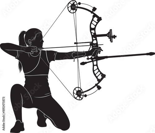 Silhouette of a kneeling archer aiming a compound bow, highlighting precision, strength, and tactical posture for sports, hunting, or outdoor-themed editorial and commercial use.