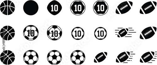Collection of diverse black and white sports ball icons including basketball, soccer, and football designs isolated on transparent background