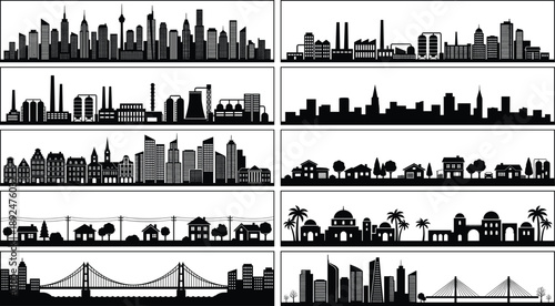 City skyline silhouette collection featuring urban industrial suburban landmarks bridges skylines vector illustration set for architecture travel business design branding poster background