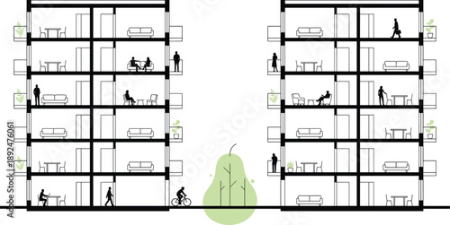 Modern apartment building cross section with people interior rooms balconies urban lifestyle vector illustration architectural concept for housing real estate design presentation
