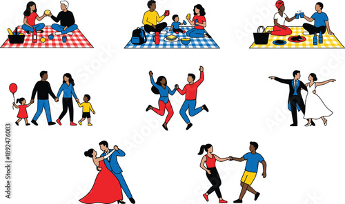 Happy people lifestyle activities illustration set featuring families couples picnics dancing walking celebrations vector characters for social community leisure concepts design branding