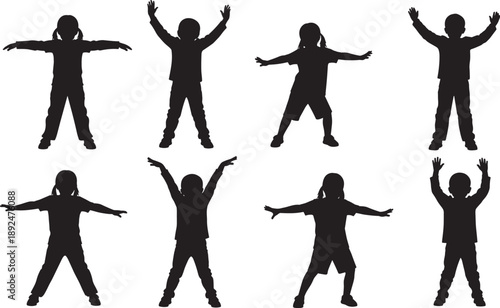 Silhouettes of eight children in varied standing poses with extended arms, ideal for physical education, movement instruction, dance, or exercise-themed editorial use.
