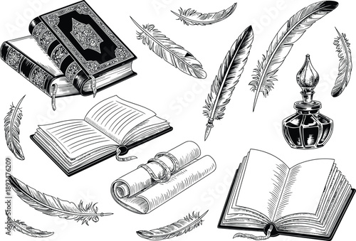 Vintage hand drawn literature illustration set featuring books quill pens ink bottle feathers manuscripts scrolls classic engraving style isolated collection black white