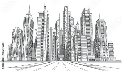 Modern city skyline line art illustration featuring skyscrapers urban architecture perspective street view black white detailed architectural drawing isolated metropolis design