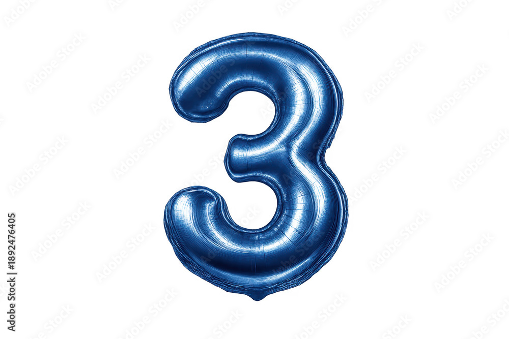 Fototapeta premium Blue metallic foil balloon representing number three on transparent background