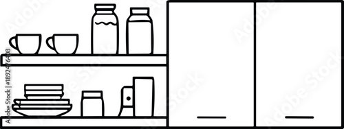 Minimal kitchen cabinet line icon illustration showing shelves cups jars plates appliances modern interior storage furniture outline design isolated vector black white