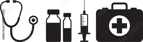 Medical including stethoscope and first aid kit medical healthcare syringe medicine bottles