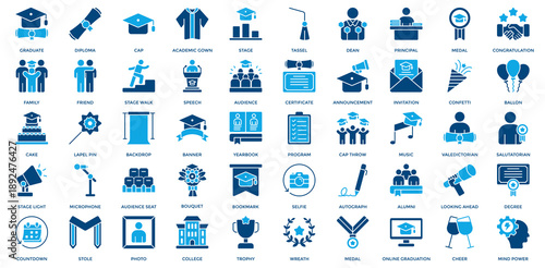 Graduation Day Icon Set. Containing Graduate, Diploma, Cap, Academic Gown, Stage, Tassel, Dean, Principal, Medal, Congratulation Icon. Dual Tone Style