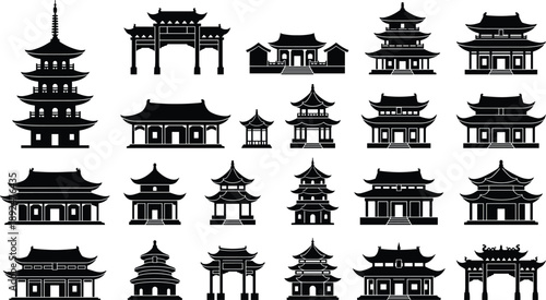 Traditional Asian pagoda temple silhouettes collection featuring Chinese Japanese architecture buildings icons isolated black vector illustration set design elements historic cultural landmarks
