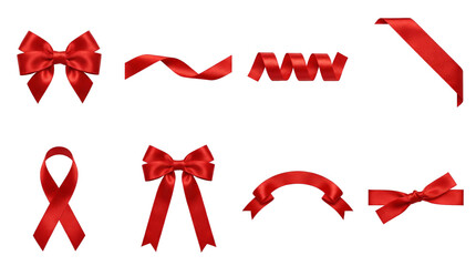 Red satin ribbon set including decorative bows, curls, wavy bands, and corner border elements isolated. Gift wrapping and festive celebration collection.