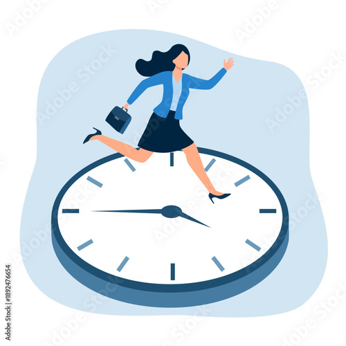 Business time management planning, Time rush in work or schedule an appointment, Quick response time work, Businesswoman runs fast according to clock time.