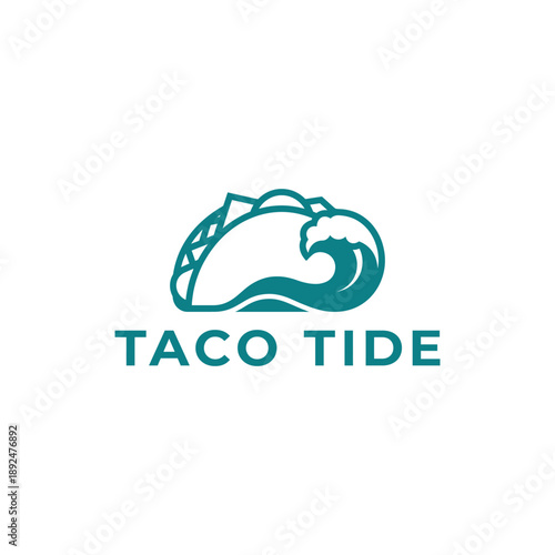 Stylized taco shell integrated with a coastal ocean wave for a beachside Mexican restaurant branding, titled TACO TIDE logo design