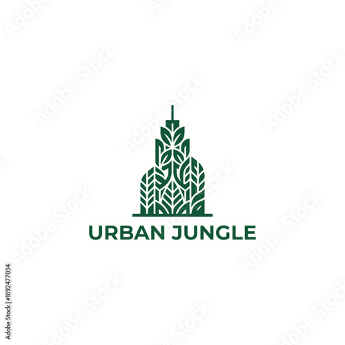 Geometric skyscraper building formed by organic leaf patterns for eco-friendly urban development branding, titled URBAN JUNGLE logo design