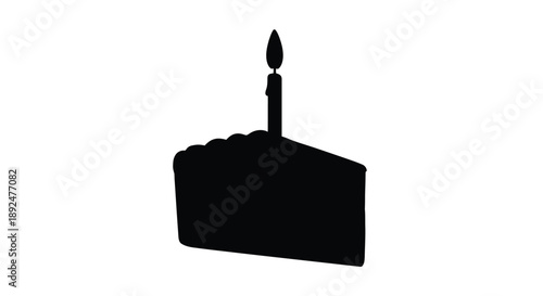 A silhouetted slice of birthday cake with a single lit candle