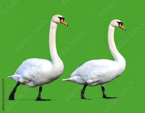 Two white swans walking on green background