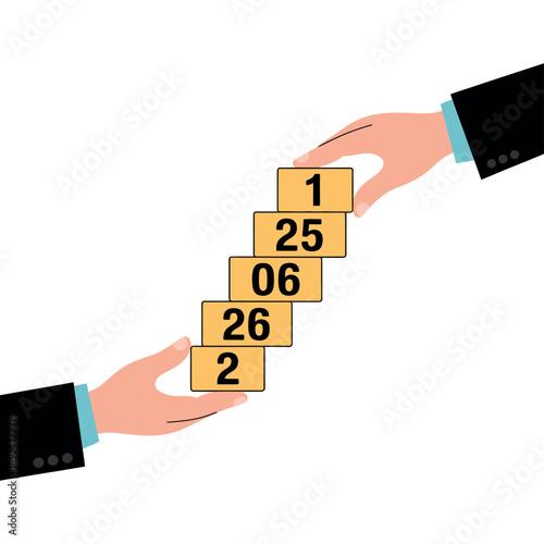 Two business hands passing numbered blocks in a transfer or exchange process