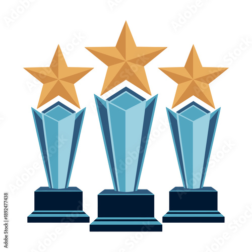 Three blue trophies with golden stars on top, symbolizing achievement and success in a competitive setting.