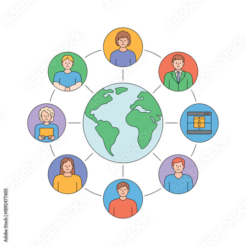 A diverse group of people from around the world connected by technology and communication