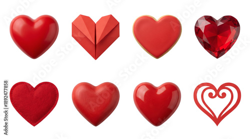 Red heart set including 3d, origami, cookie, gemstone, felt, wood, and ornate styles isolated. Valentine and love symbol collection.