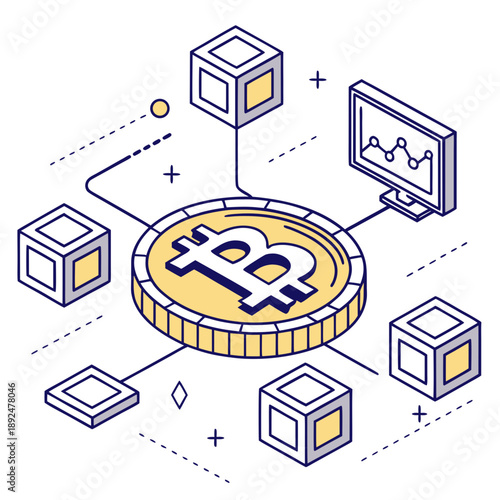 Isometric illustration of a golden digital currency symbol within a decentralized network, with interconnected data blocks and a financial graph, representing blockchain technology and virtual finance