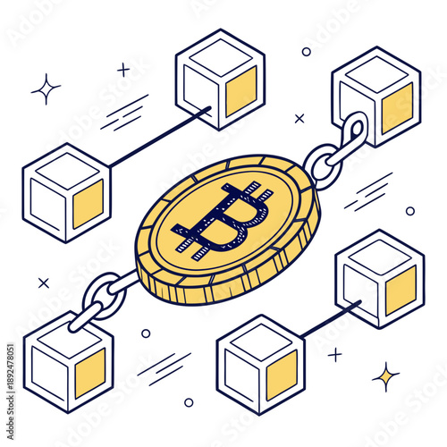 Digital currency network with secure blockchain blocks and central golden coin, representing decentralized finance and protected transactions and modern financial technology