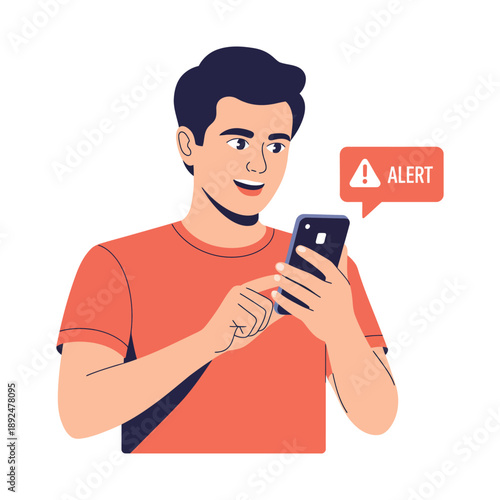 A young man receiving an alert notification on his smartphone with a concerned expression.