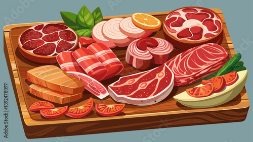 Very beautiful close-up of assorted meat cuts displayed on a wooden tray, focusing on butcher craftsmanship, fresh texture, and traditional meat presentation style.