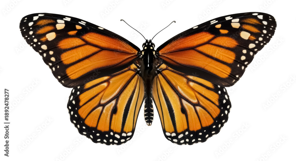 Obraz premium Monarch butterfly PNG isolated on transparent background, orange and black insect with white spots for nature and wildlife designs