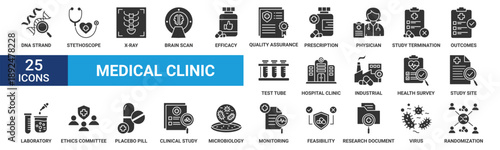 Medical clinic icon set. Containing dna strand, stethoscope, x-ray, brain scan, efficacy, quality assurance and more. Glyph vector icons collection.