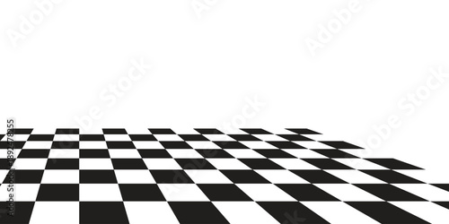 Checkerboard, chessboard, checkered plane in angle perspective. Tilted, vanishing empty floor.