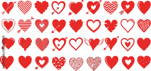Grid of 36 Unique Red Heart Icons Featuring Wings, Arrows, Patterns, Outlines, and Decorative Elements for Love, Romance, and Valentine’s Day Themes